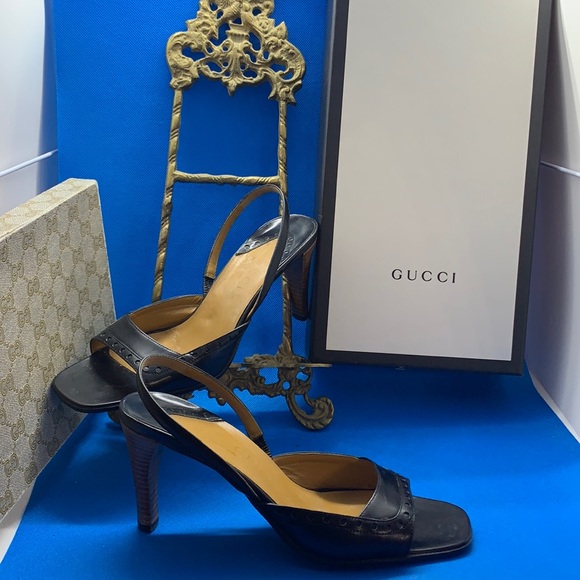 Gucci gorgeous black leather open toe mules/ sandals heels size 36.5 C - Picture 2 of 8